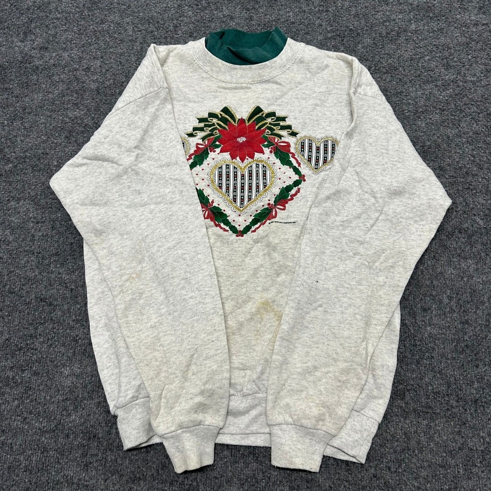 Santee Sweatshirt Womens Size L Grey Christmas Heart Mock Neck Vintage USA Made